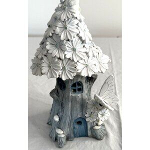 Whimsical Floral Fairy House Tree Figurine With Butterfly & Solar Panel For Gard